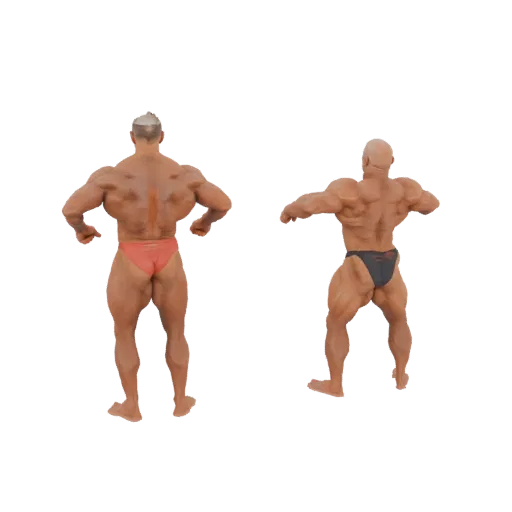 3D model of two muscular bodybuilders posing from the back, one in red trunks, the other in black trunks, against a white bac