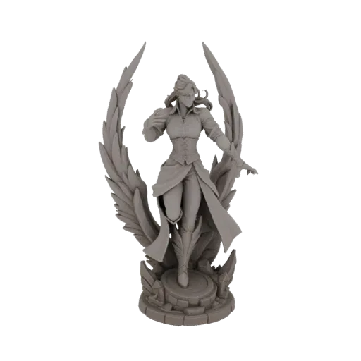 3D model render of a Gothic Angelic Warrior with large feathered wings, detailed armor, and a rocky base, presented on a whit