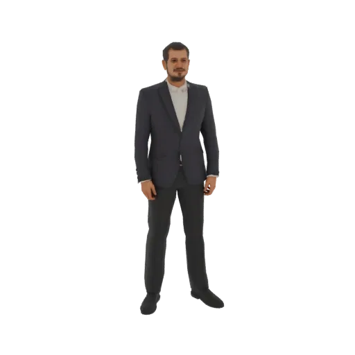 Modelo 3D de um homem de terno escuro e camisa branca, em pé com as mãos ao lado do corpo.