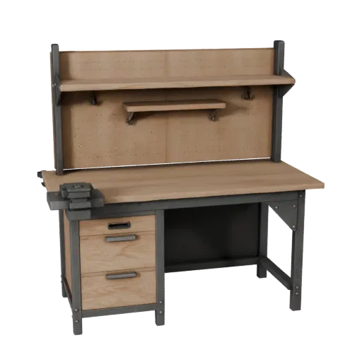 Maker Workbench Realistic 3D model, three-quarter studio render, showing steel frames, stable fixtures.