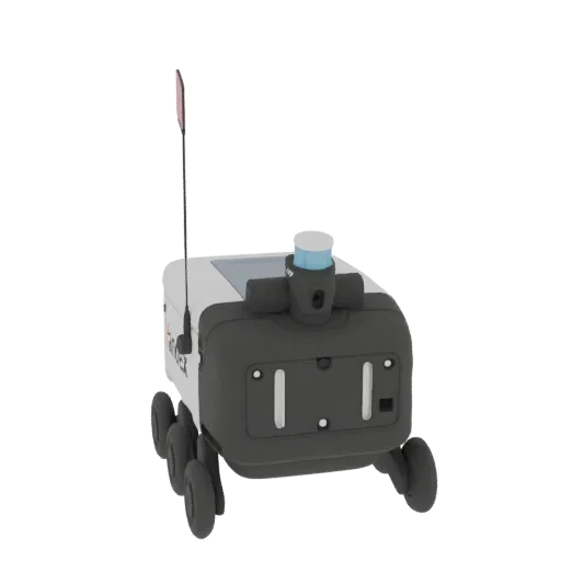 3D model of a white and dark grey autonomous delivery robot with six wheels, a tall antenna, and a blue light on top, set aga