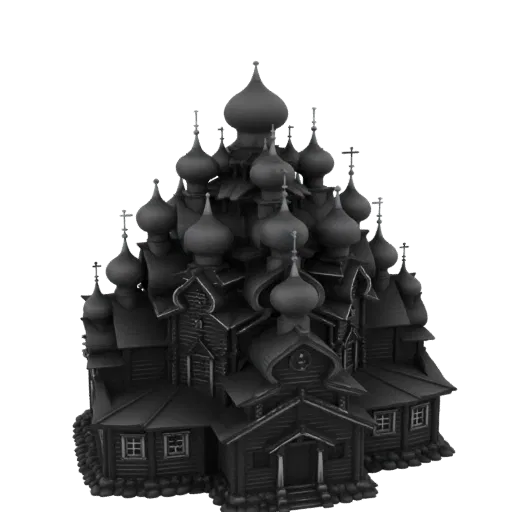 3D model of a dark, intricately detailed Russian Orthodox Church with multiple onion domes and crosses, set against a white b