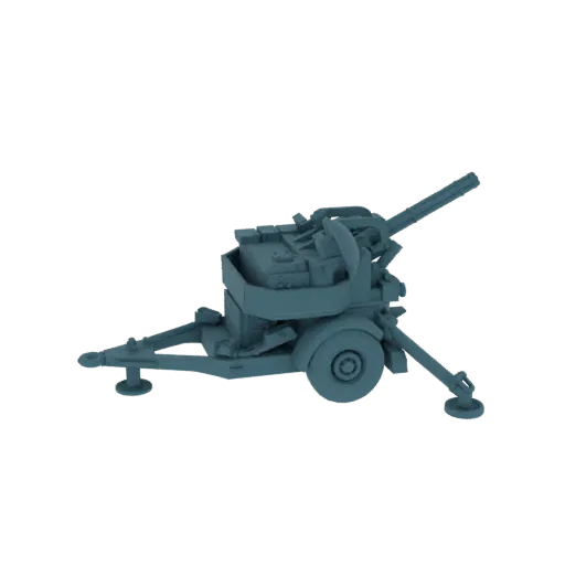 3D model of a towed anti-aircraft gun, shown from a side-front perspective against a white background.