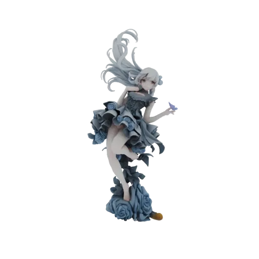 3D model of a gothic anime maiden with white hair, wearing a dark dress with blue roses, holding a butterfly.