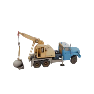 3D model of a blue and yellow Tatra 148 AD20 wrecking ball crane truck with a large ball suspended from the crane.