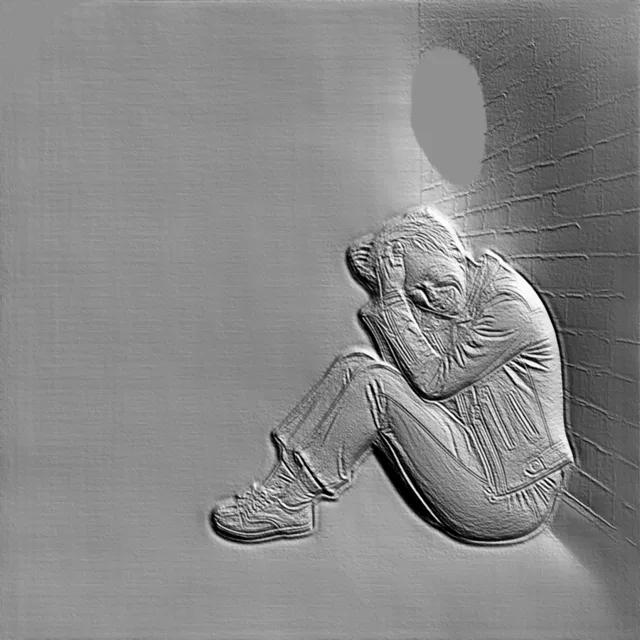 3D-Modell eines Basreliefs, das eine trauernde Figur in einer Ecke mit den Händen vor dem Gesicht darstellt.