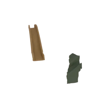 Modelo 3D de un tobogán infantil marrón y una formación rocosa verde texturizada sobre un fondo blanco.