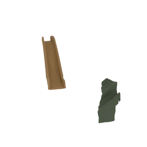 Modelo 3D de un tobogán infantil marrón y una formación rocosa verde texturizada sobre un fondo blanco.