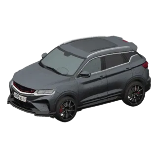 3D-Modell eines grauen Geely Coolray SUV, von leicht erhöhter Frontansicht vor schwarzem Hintergrund.