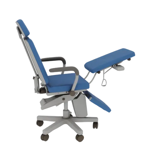 Modello 3D High Poly Sedia Esame Clinico, rendering studio ravvicinato, mostra metallo verniciato, silhouette clinica.