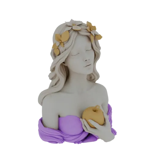 3D model of a serene bust of a woman with closed eyes, wearing a floral crown and holding a golden apple, draped in purple fa