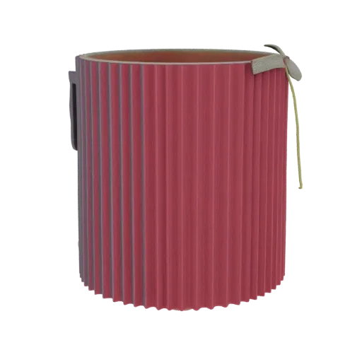 3D model of a red cylindrical container with vertical fluting and a yellow cord attached to the rim, set against a black back