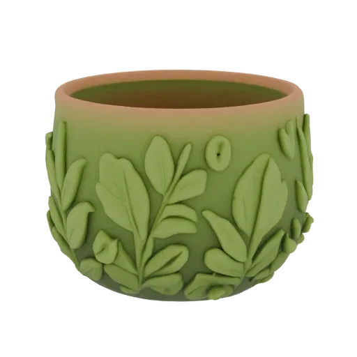 3D model of a green pot with an embossed leaf pattern, standing on a white background.