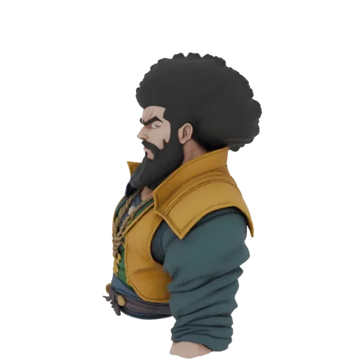 Profilo laterale di un busto 3D di un guerriero con un grande afro, barba e gilet giallo.