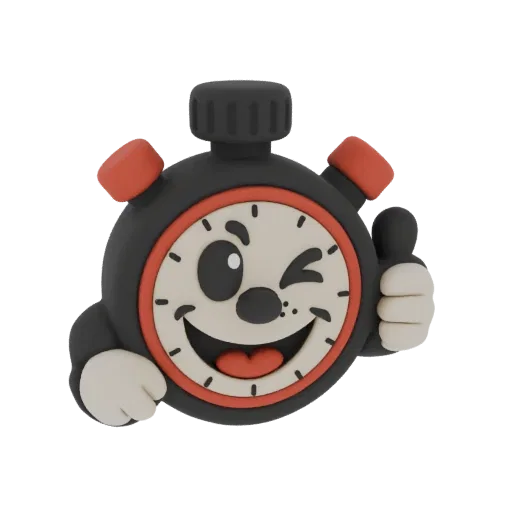 3D model of a cartoon stopwatch character with a smiling face, winking eye, and giving a thumbs-up.