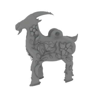 3D model render of a stylized goat figurine with detailed floral carvings on its body, set against a white background.