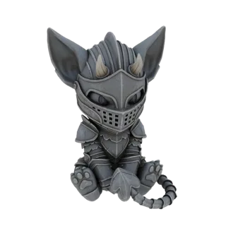 Modelo 3D de una linda criatura chibi con armadura completa de caballero, sentada con la cola enroscada.