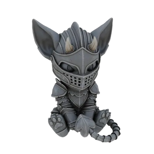 Modello 3D di una simpatica creatura chibi che indossa un'armatura completa da cavaliere, seduta con la coda arricciata.