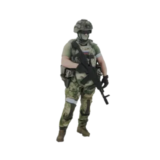 3D model of a Russian soldier in camouflage uniform and tactical gear, holding an assault rifle, against a white background.