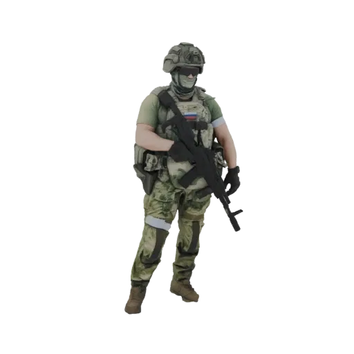 3D model of a Russian soldier in camouflage uniform and tactical gear, holding an assault rifle, against a white background.