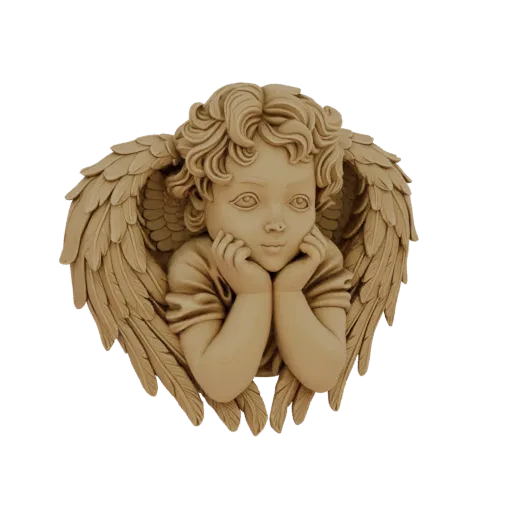 Modelo 3D de anjo querubim com cabelo cacheado e asas emplumadas, apoiando o queixo nas mãos.