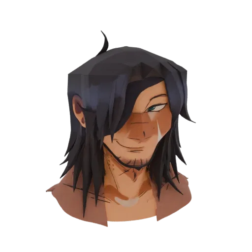 3D model render of an anime male bust with dark hair, a smirk, and facial markings, presented on a white background.