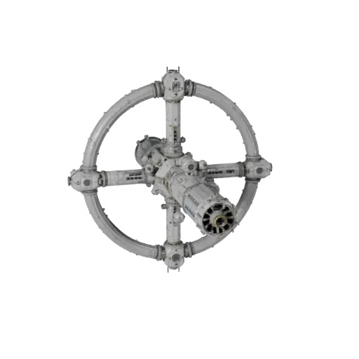 Deep Space Station 3D model, three-quarter front view, Unreal Engine viewport, showing metal modules, form detail.