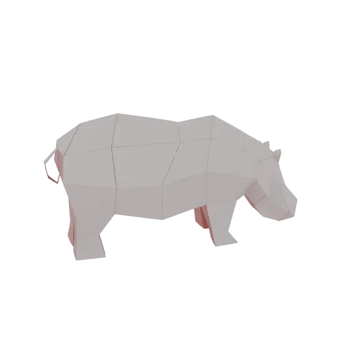 A low-poly 3D model of a light gray hippopotamus, viewed from the side against a white background.