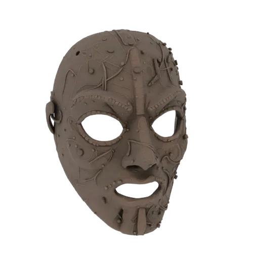 A detailed 3D model of a steampunk tribal mask with intricate mechanical and organic details, presented against a black backg