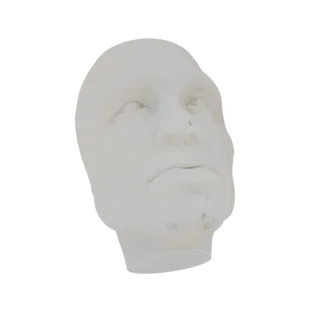 Uma renderização 3D de um busto de homem em gesso branco, com acabamento fosco e detalhes faciais realistas, contra um fundo
