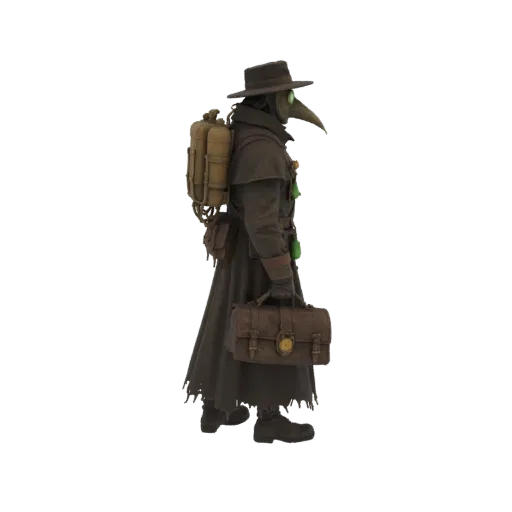 3D model of a Steampunk Plague Doctor in a long coat, wearing a beak mask, holding a satchel, and carrying a backpack.