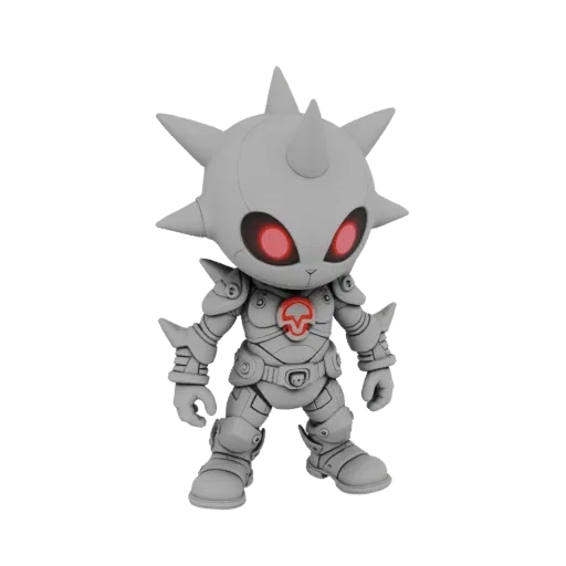 3D model of a gray, spiky armored creature with glowing red eyes and a red chest emblem, standing on a white background.