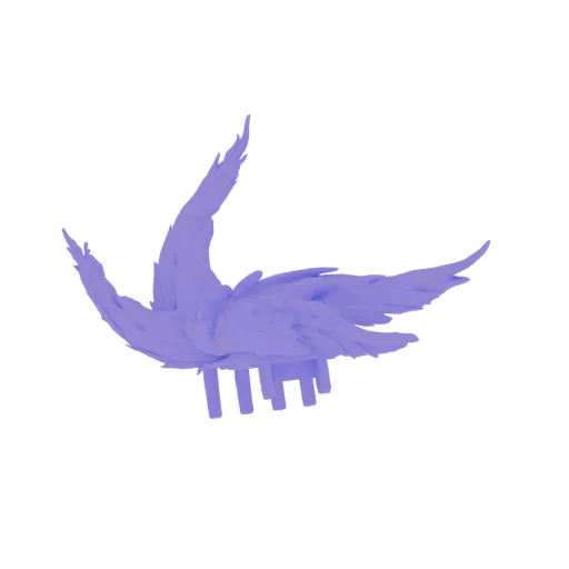 3D render of a fantastical creature with flowing purple feathers, wings spread, on a white background.