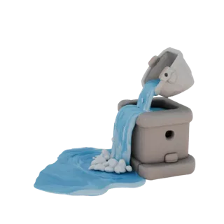 Modello 3D di cascata con acqua che scorre da un recipiente a un letto, creando un effetto fiume.
