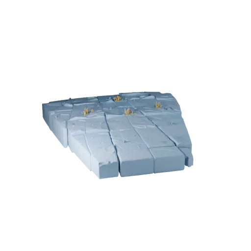 Snowy Tundra Ground Tile Realistic 3D model, three-quarter environment render, showing layered soil, snow banks.