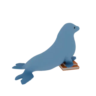 3D-Rendering eines stilisierten blauen Seehunds, der auf zwei orangen Büchern balanciert, isoliert auf weißem Hintergrund.