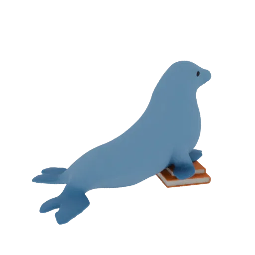 Render 3D de una foca azul estilizada equilibrándose sobre dos libros naranjas, aislado sobre un fondo blanco.