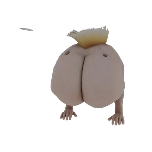 A surreal 3D model of a creature resembling buttocks with blonde hair and human hands, posed on a white background.