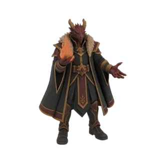 3D model of a Dragon Sorcerer character, a reptilian humanoid with horns, wearing a dark robe and fur collar, holding a ball