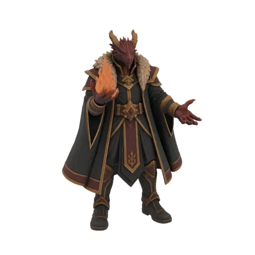 3D model of a Dragon Sorcerer character, a reptilian humanoid with horns, wearing a dark robe and fur collar, holding a ball
