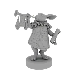 Rendu du modèle 3D du Lapin Blanc d'Alice au Pays des Merveilles, tenant une trompette et un parchemin, sur une base circulai