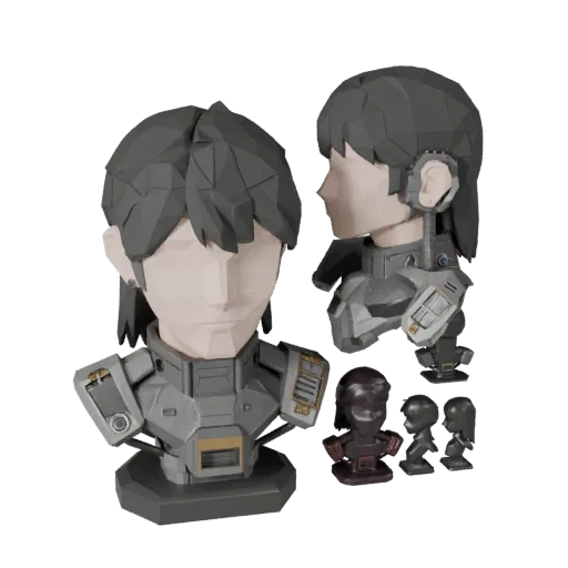 Sci-Fi Robot Bust low poly 3D model preview showing facial planes, three-quarter game view, silhouette and sculpt detail