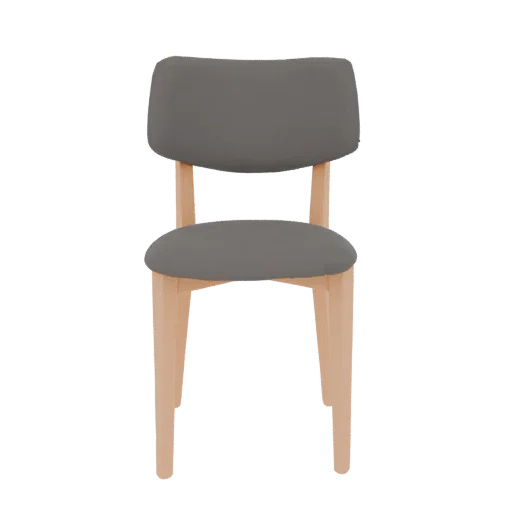 A 3D render of a modern upholstered chair with a grey fabric seat and backrest, supported by a light wooden frame.
