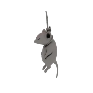 Un rendering 3D di un topo grigio appeso a un cappio di corda, con gli occhi chiusi e le zampe unite.