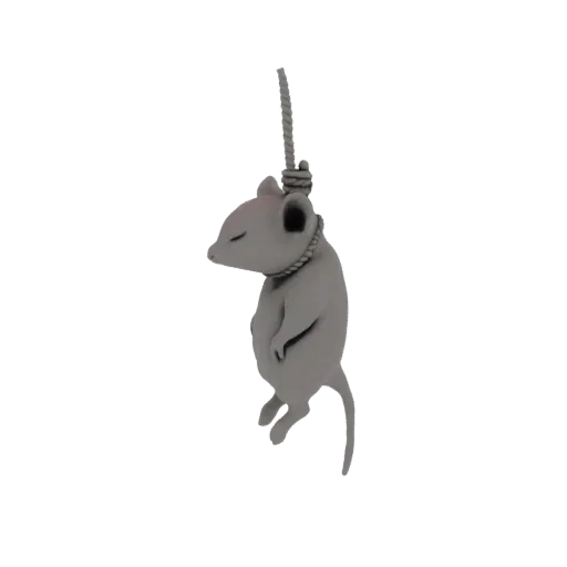 Uma renderização 3D de um rato cinza pendurado em uma forca de corda, com olhos fechados e patas juntas.