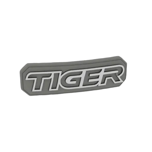 3D model of a gray 'Tiger' emblem with white outlined text, presented on a white background.