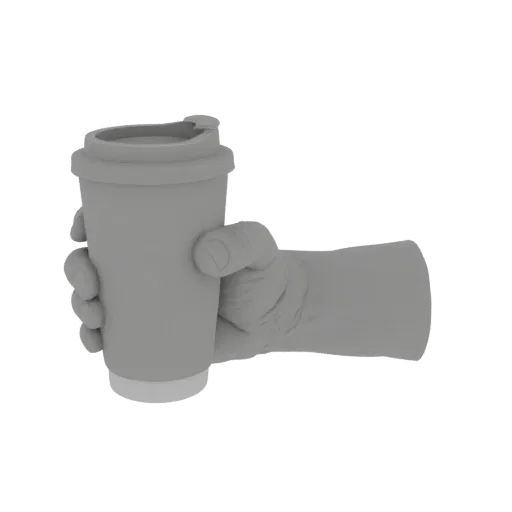 A 3D render of a grayscale hand holding a disposable coffee cup with a lid.