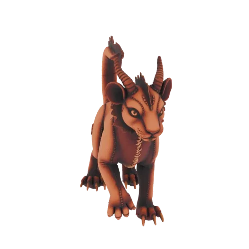 3D model of a steampunk lion creature with stitched details, horns, and a metallic sheen, standing on a white background.