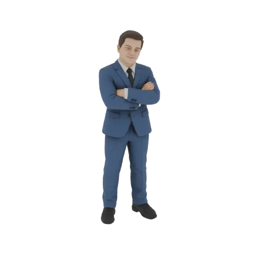 3D model of a man in a blue suit with arms crossed, smiling slightly, against a black background.
