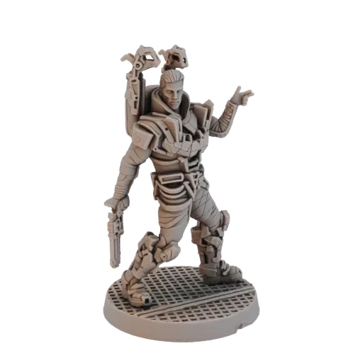 Rendu 3D d'un soldat sci-fi avec jetpack et arme, en pose dynamique sur une base métallique.